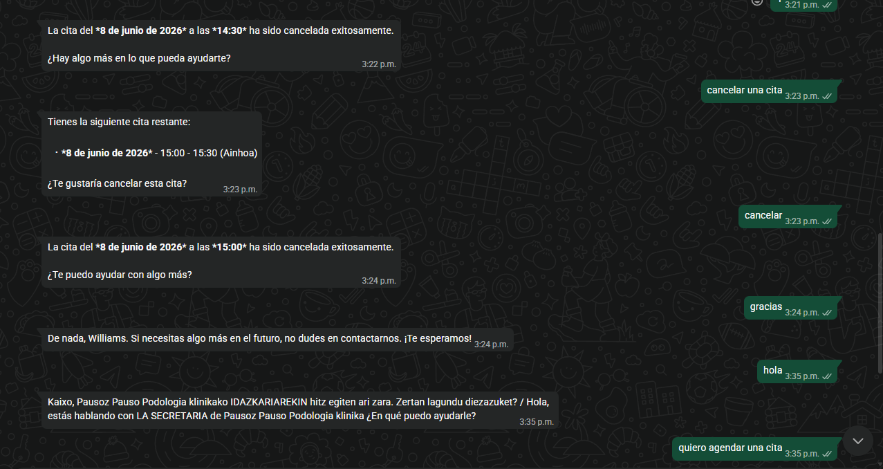 Conversación con el bot gestionando citas