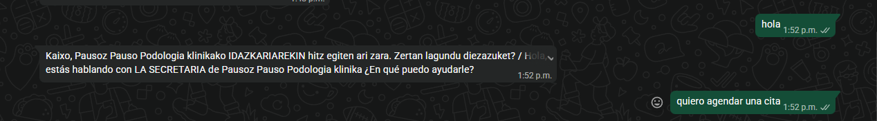 Saludo inicial del chatbot en WhatsApp