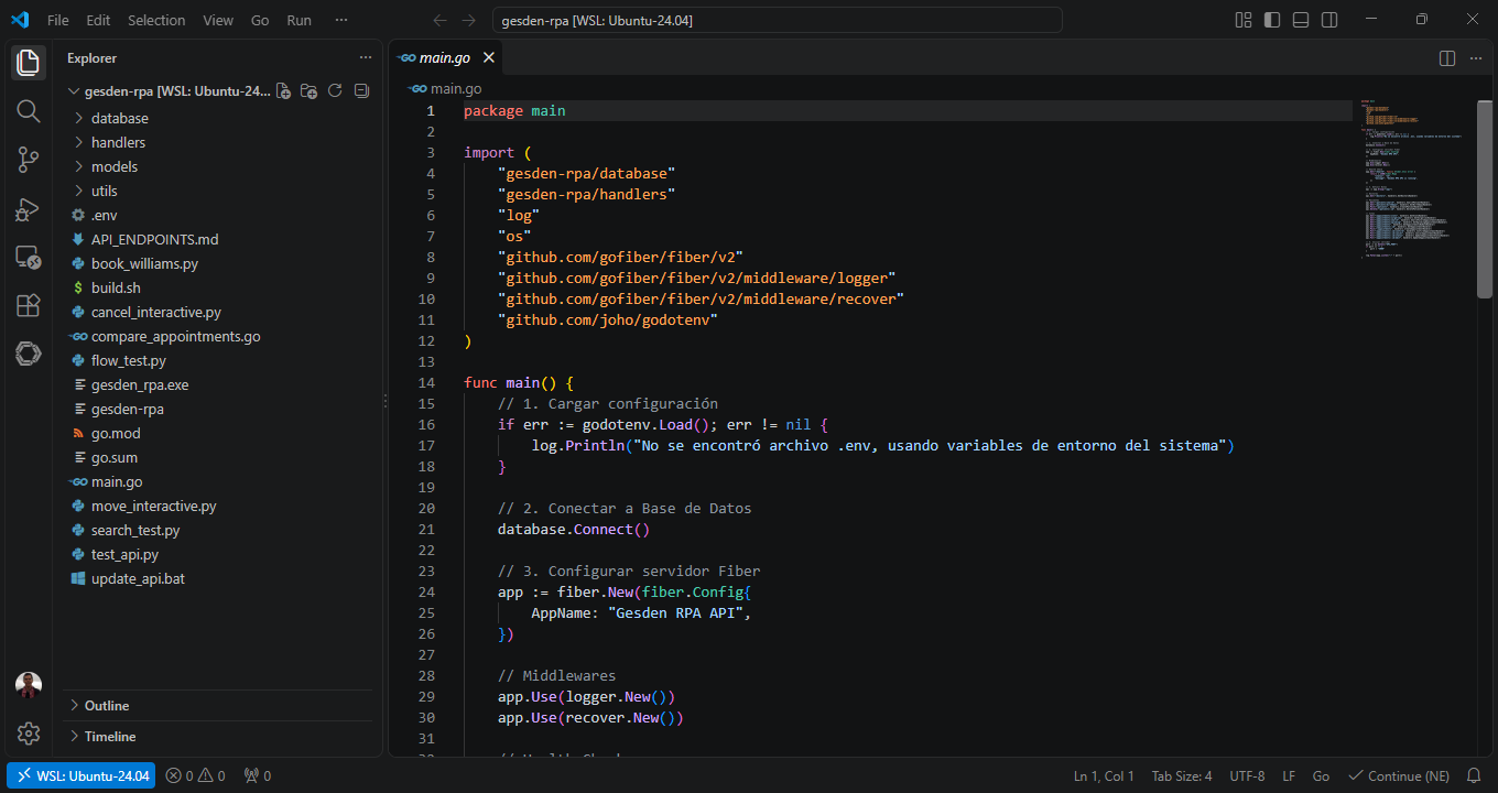 Código fuente de la API en Go (main.go) con GoFiber