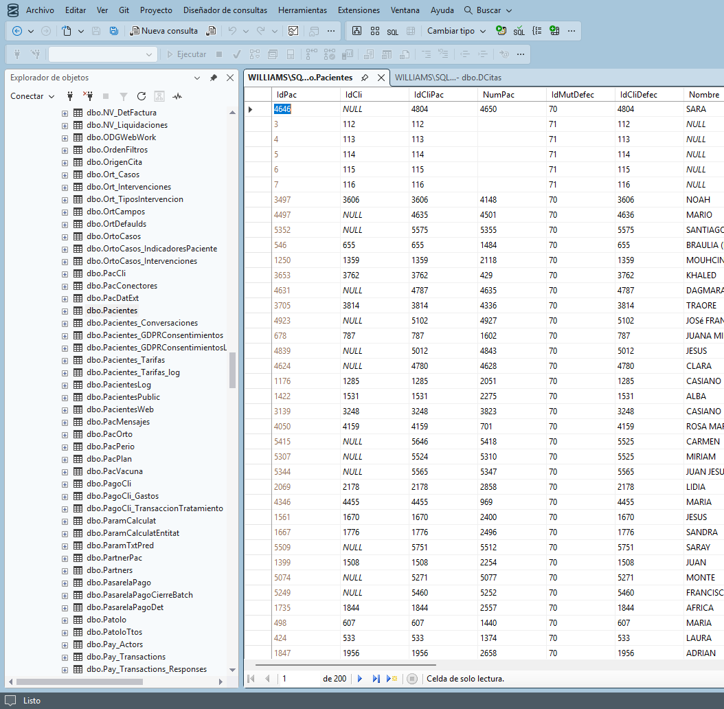 Tablas de la base de datos GELITE consultadas por la API