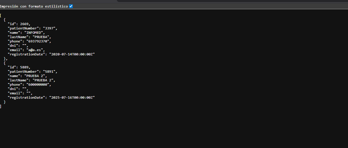 Respuesta JSON de pacientes devuelta por la API