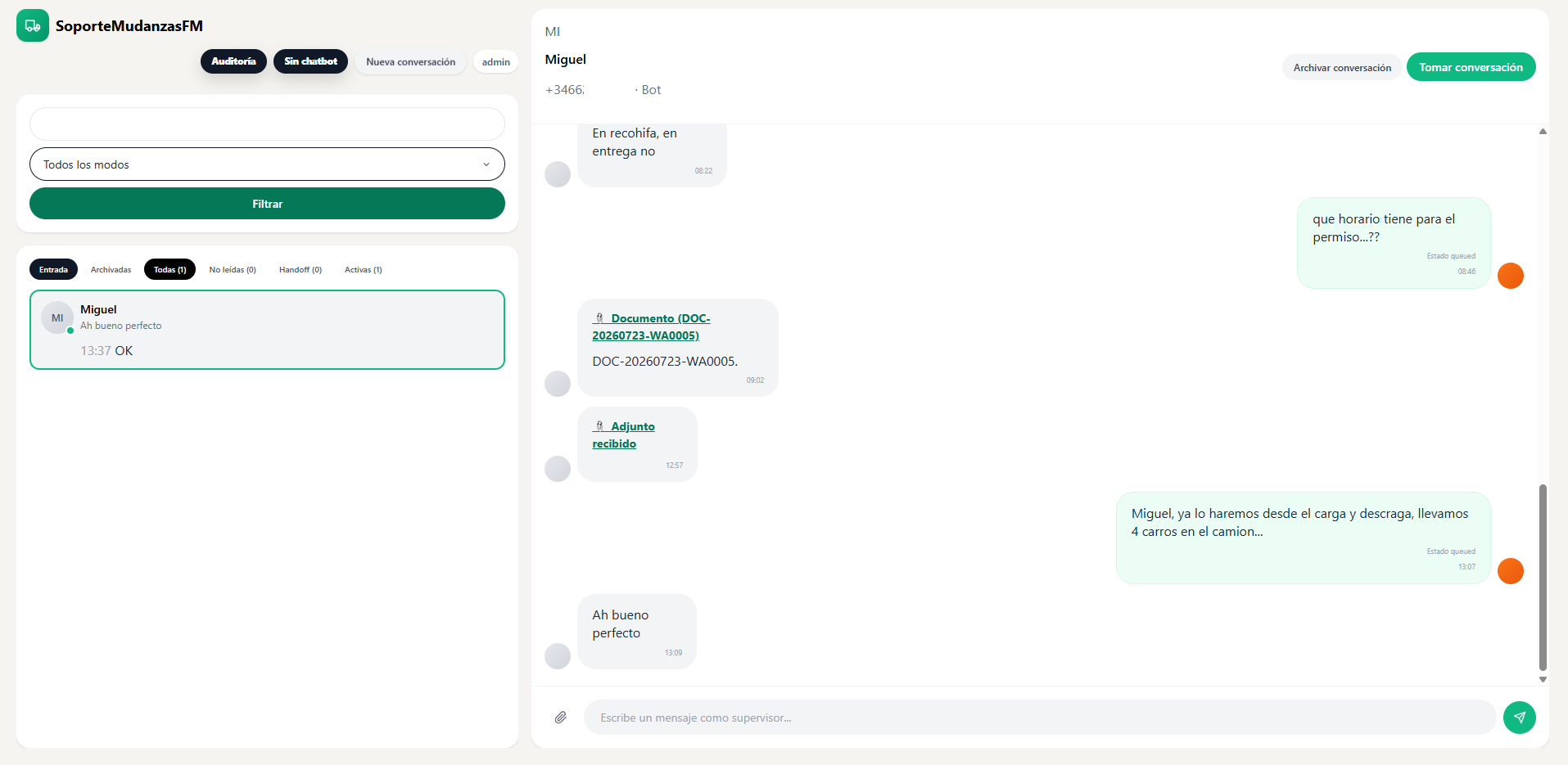 Dashboard del chatbot