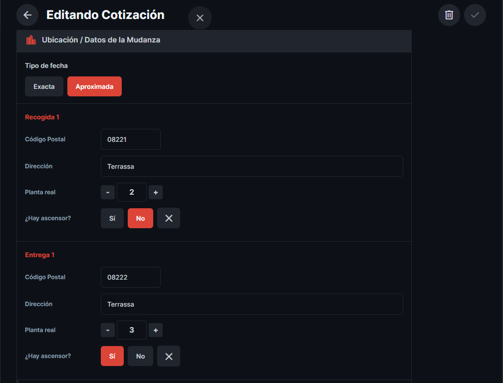 Edición de datos básicos de la mudanza