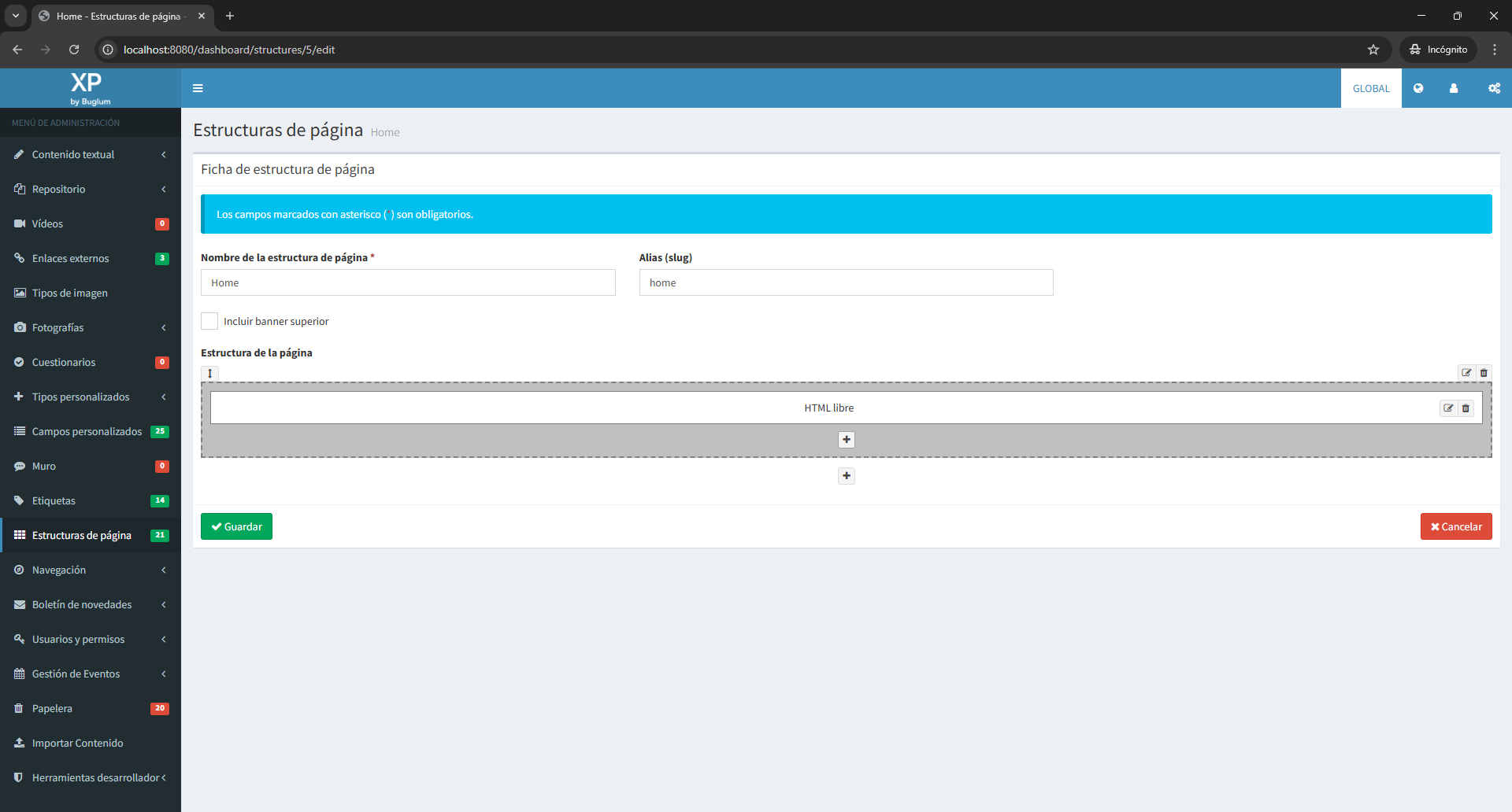 Configuración de la estructura de la página