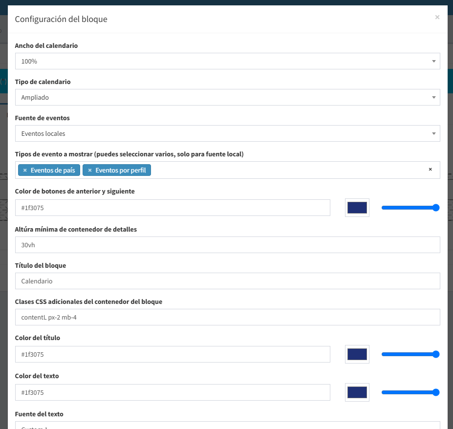Configuración del bloque de calendario
