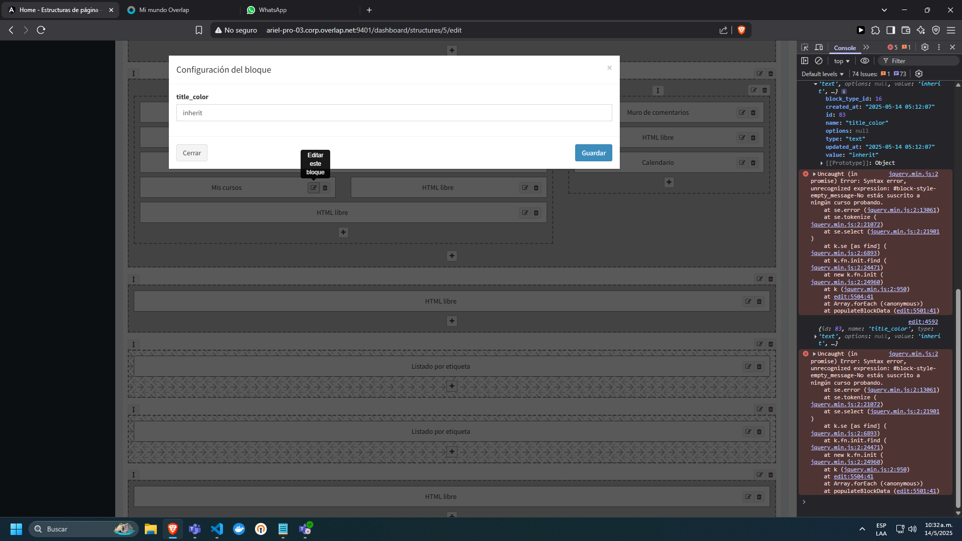 Configuración de un bloque con sus opciones