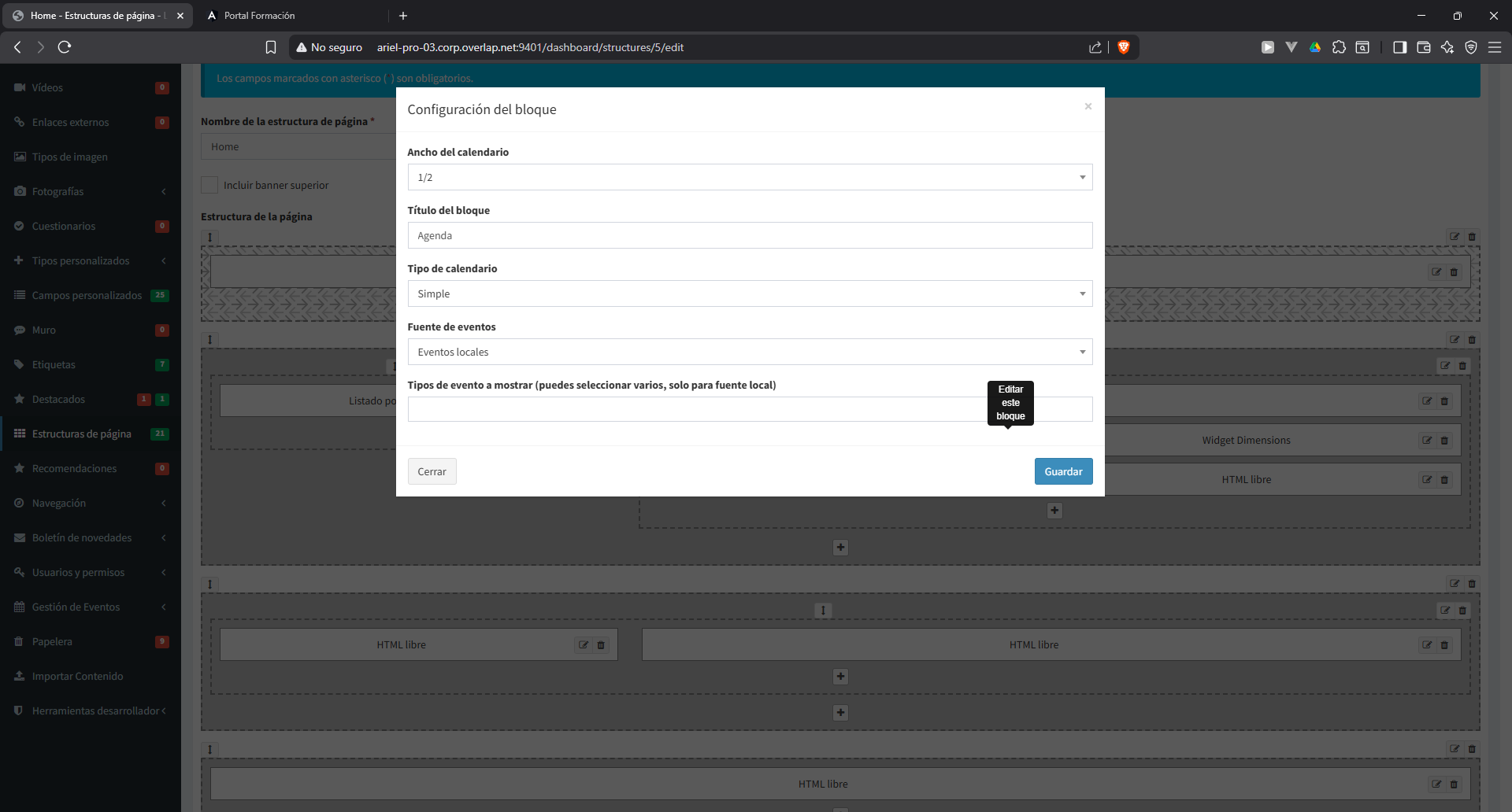 Edición de un bloque de dashboard en staging