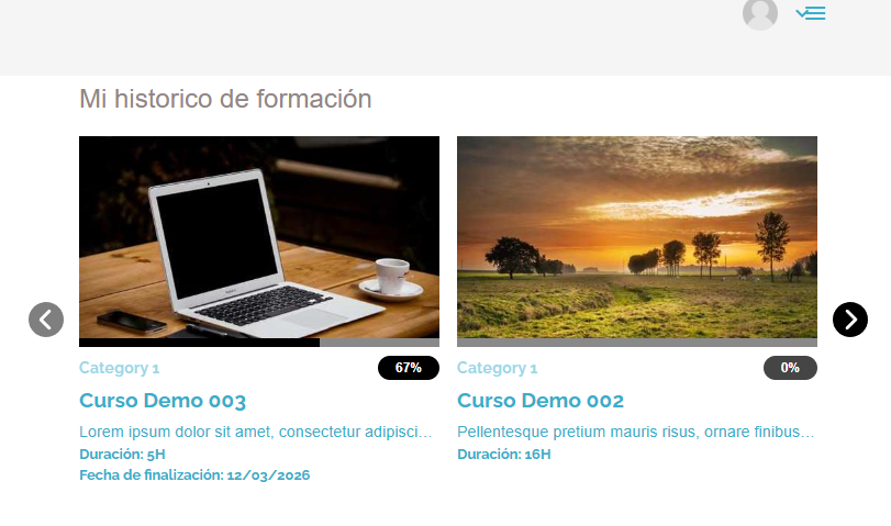 Historial de formación con los cursos demo