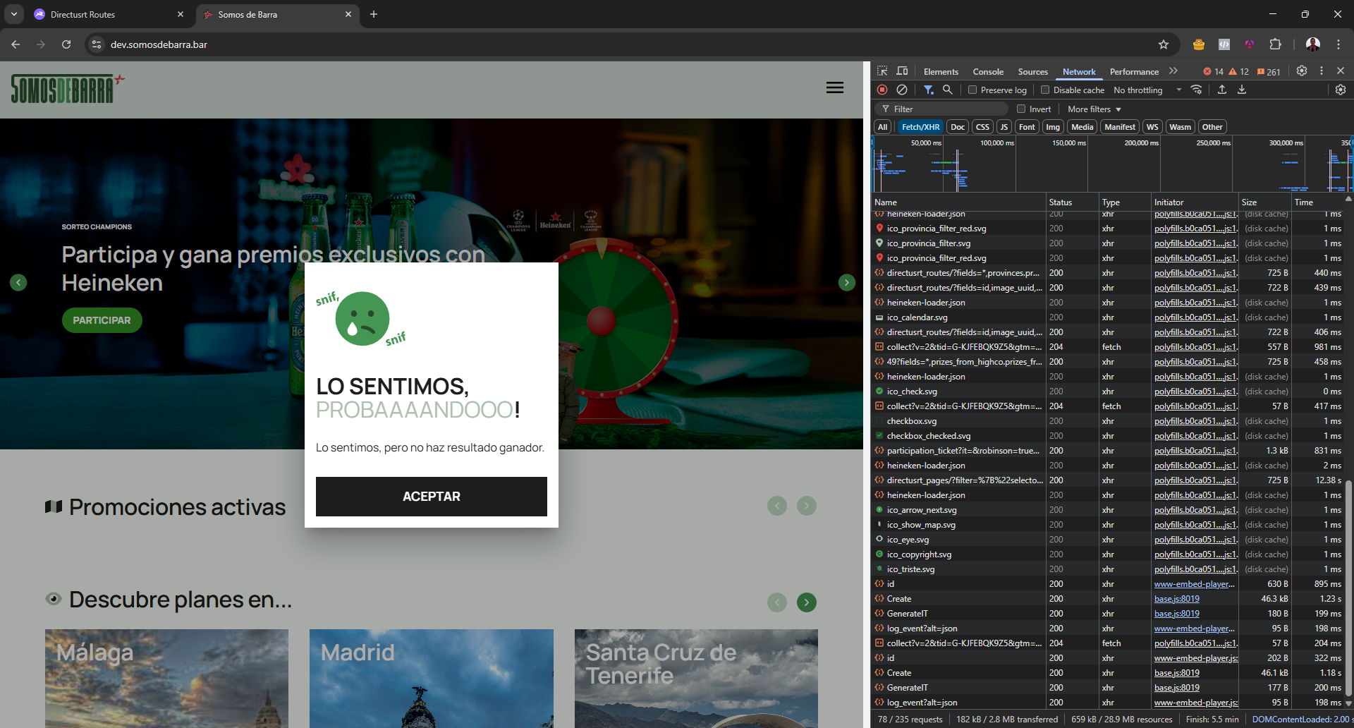 Alerta de promoción en el frontend de somosdebarra.bar