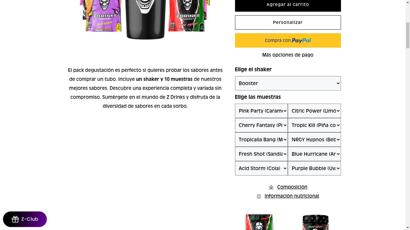 Captura de la tienda Zetadrinks